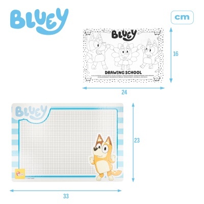 Tabuleiro para desenhar Bluey com moldura azul e branca às riscas e personagem Bluey
