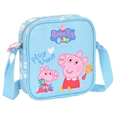 Saco infantil azul claro com personagens da Peppa Pig e alça ajustável