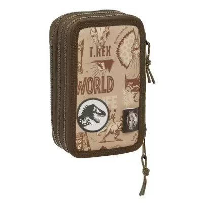 Estojo escolar retangular castanho com estampa de dinossauros e texto Jurassic World
