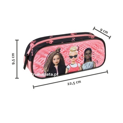 Estojo rosa e preto com personagens de bonecas e medidas indicadas.