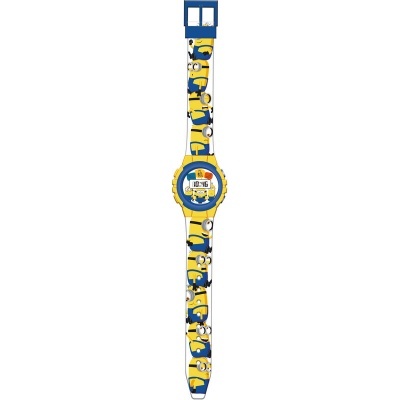 Relógio digital infantil azul e amarelo com personagens minion no bracelete