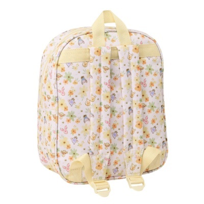 Mochila infantil com padrão de flores e carinhas de animais