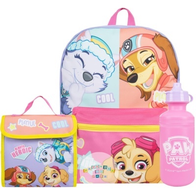 Mochila, lancheira e garrafa Paw Patrol em rosa e azul com personagens e texto