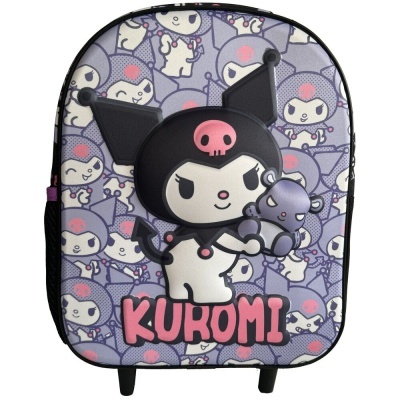 Mala de rodinhas Kuromi lilás e rosa com padrão da personagem