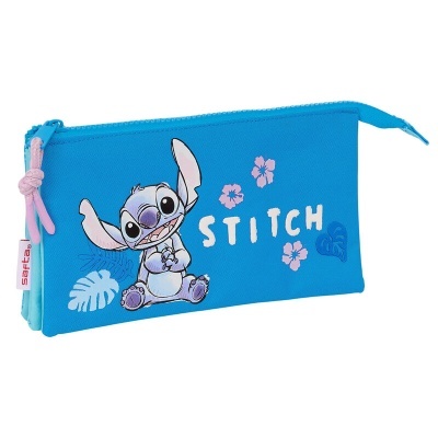 Estojo escolar azul com personagem Stitch e fecho de correr