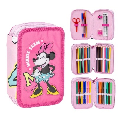 Estojo escolar rosa com Minnie da Disney e compartimentos com material de escrita.