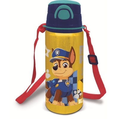 Garrafa térmica amarela com desenho de cão polícia e alça vermelha