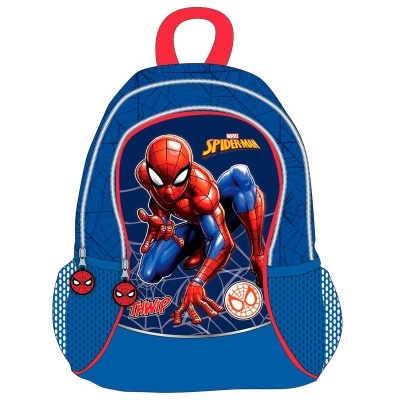 Mochila azul do Homem-Aranha com padrão de teia e puxadores vermelhos