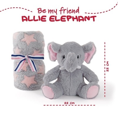 Peluche de elefante cinzento e manta com estrelas cor-de-rosa
