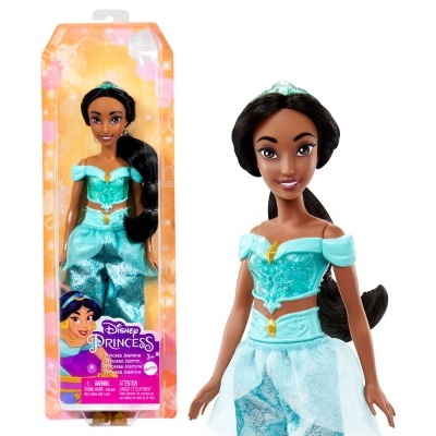 Boneca Disney Princesa Jasmine com vestido azul turquesa em embalagem laranja