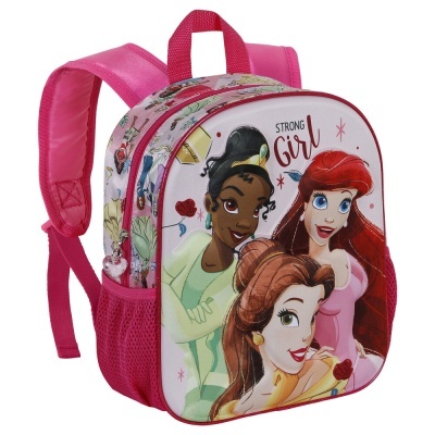 Mochila infantil rosa com estampa de princesas disney e texto 'STRONG Girl'