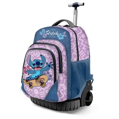 Mochila de rodas azul e lilás com imagem de Stitch a andar de skate