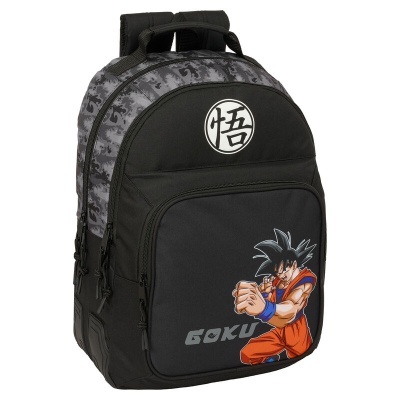 Mochila preta e cinzenta com personagem Goku e texto GOKU