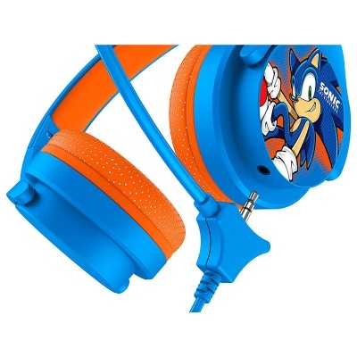 Headphones on-ear azuis e laranja com imagem do Sonic e texto SONIC THE HEDGEHOG