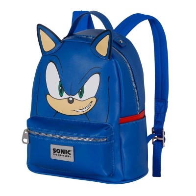 Mochila azul do Sonic com orelhas e bolso frontal com fecho