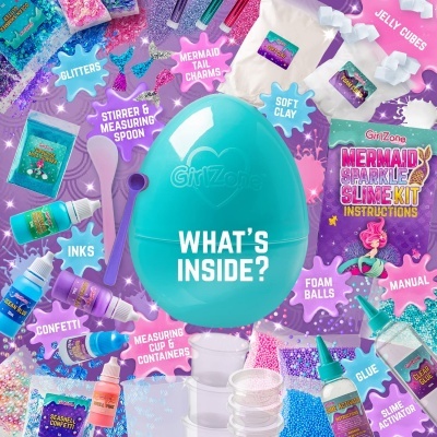 Kit de slime com caixa azul ovo e vários ingredientes coloridos ao redor