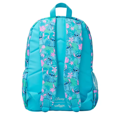 Mochila azul turquesa com padrão da personagem Stitch da Disney e alças acolchoadas