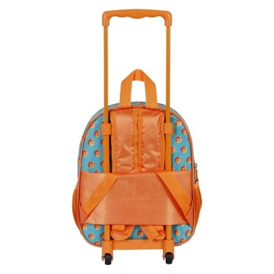 mala com rodas laranja e azul com padrão de bolas