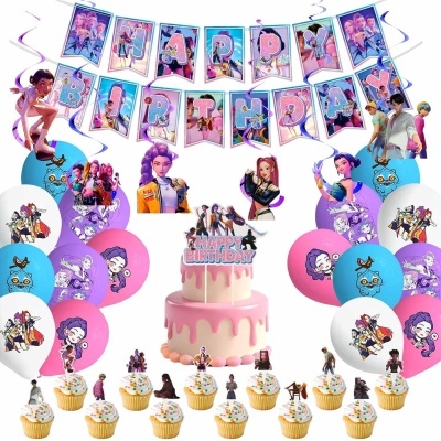 Decoração de aniversário com letras HAPPY BIRTHDAY, balões coloridos, bolo rosa de dois andares e cupcakes com personagens animadas