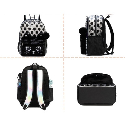 Mochila infantil preta com padrão de bolas e rosto de gato em pelúcia