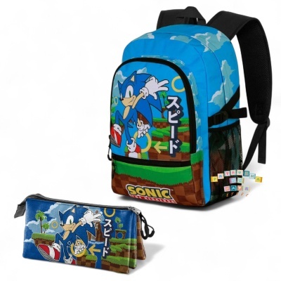 Mochila e estojo do Sonic em azul e verde com texto em japonês