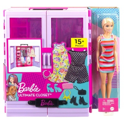 Conjunto Barbie Ultimate Closet com guarda-roupa e boneca vestida com vestido listrado colorido