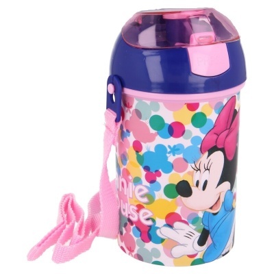 Garrafa infantil Minnie Mouse com tampa azul e alça rosa