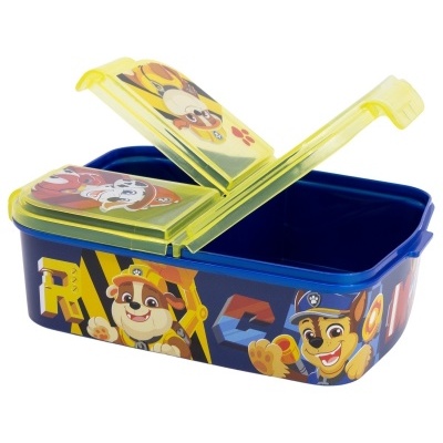 Pote de plástico azul com tampa amarela com personagens de cães animados.