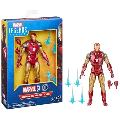 Figura de ação Iron Man Mark LXXXV da Marvel Legends em caixa azul e vermelha com acessórios azuis.