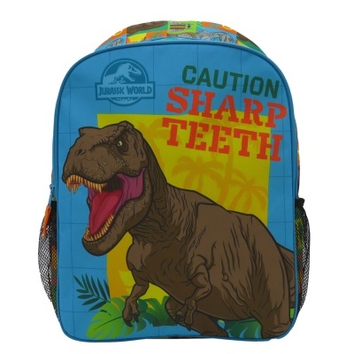 Mochila infantil azul com estampa de dinossauro T-Rex e texto colorido