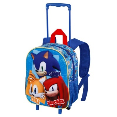 Mochila de rodinhas infantil azul com personagens Sonic, Tails e Knuckles estampados.