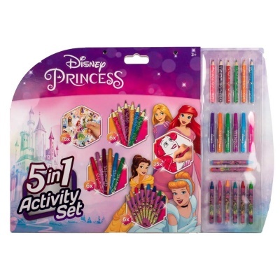 Conjunto de atividades Disney Princess 5 em 1 com materiais de desenho em cores variadas