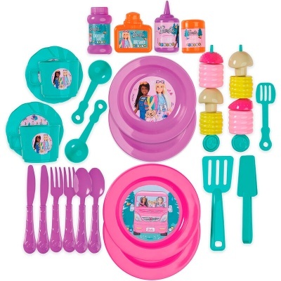 Conjunto de brinquedo de cozinha infantil com pratos, talheres, utensílios e frascos coloridos