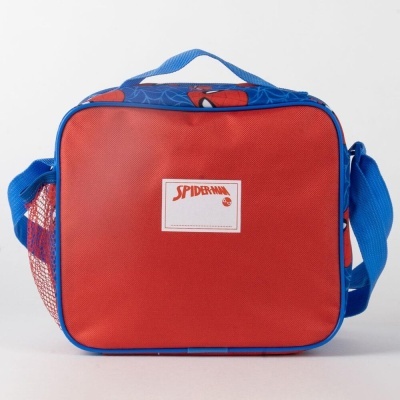 Bolsa térmica infantil Homem-Aranha vermelha e azul com alça e bolso em rede