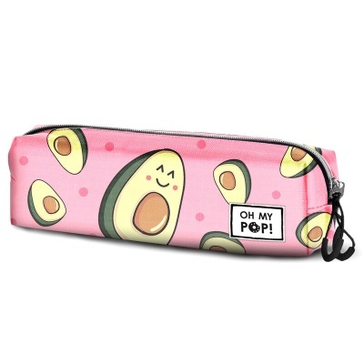 Estojo cor-de-rosa com padrão colorido de abacates sorridentes e etiqueta OH MY POP!