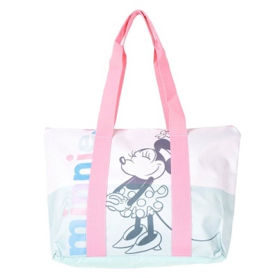Mala de lona cor-de-rosa e azul claro com desenho Minnie Mouse.