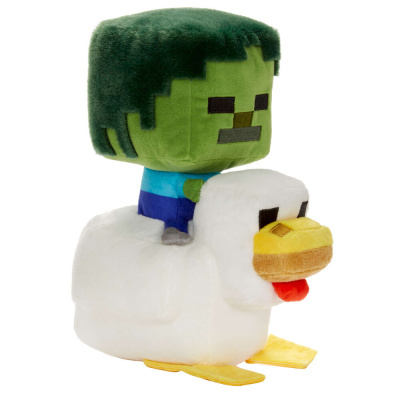 Pelúcia de boneco verde pixelizado sentado em pato branco de pelúcia.