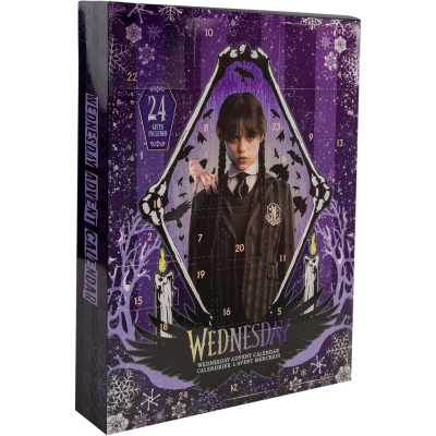 Caixa do calendário do advento Wednesday com fundo roxo, personagem ao centro e números nas portas