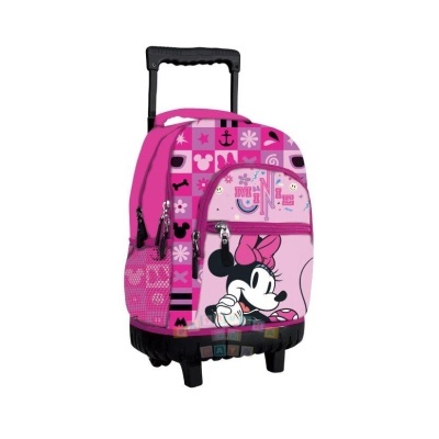Mochila de rodinhas rosa com imagem da Minnie Mouse e padrões variados.
