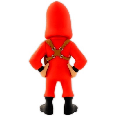 Figura de brinquedo com fato vermelho, arnês castanho e botas pretas vista de trás