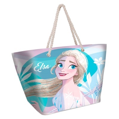 Saco de praia com imagem da personagem Elsa em azul e lilás
