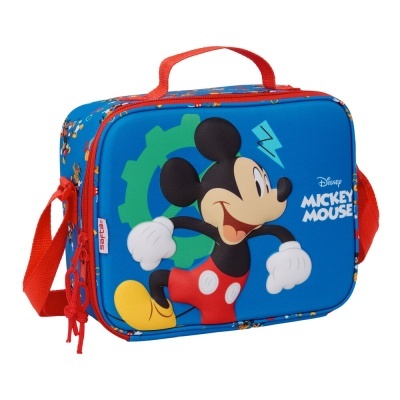Mala escolar azul com Mickey Mouse e detalhes vermelhos