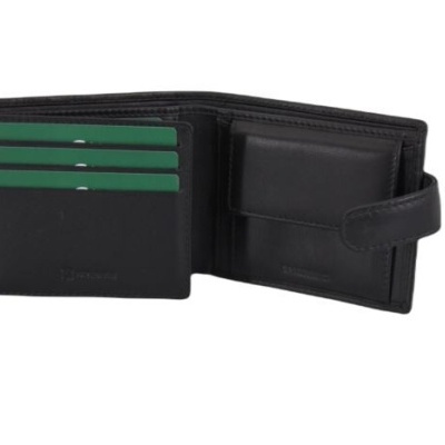 Carteira preta de pele aberta com espaços para cartões e compartimento para moedas