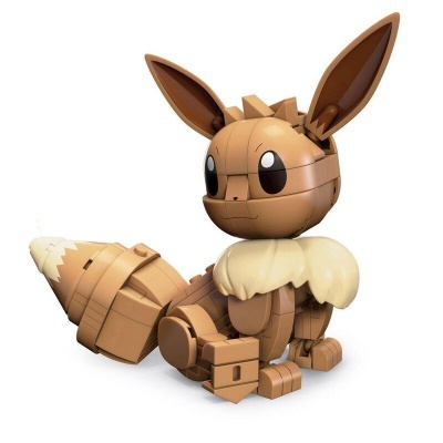 Boneco de construção plástico da personagem Eevee em tons castanho e bege