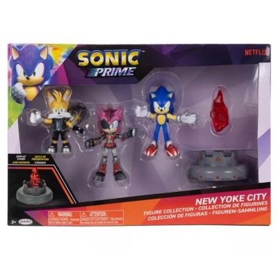 Conjunto de figuras de ação Sonic Prime com três personagens e acessórios numa caixa colorida.