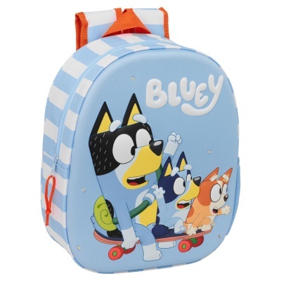 Mochila infantil azul com imagem de cães animados e riscas brancas