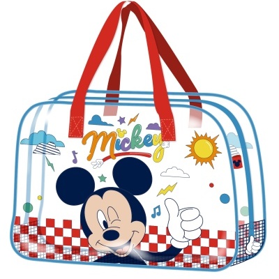 Saco transparente com personagem Mickey Mouse e alças vermelhas