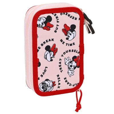 Estojo rosa com estampado da Minnie Mouse e borda vermelha