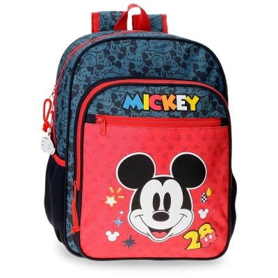 Mochila azul escura com bolso vermelho e estampa do Mickey Mouse