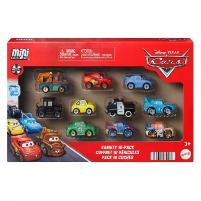 Caixa vermelha com janela transparente contendo 10 carros de brinquedo miniatura da Disney Pixar Cars